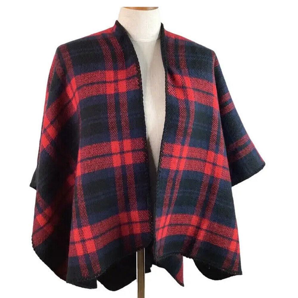 Womens Poncho Sweater Red Black Buffalo Print Plaid Sleeveless Open Front